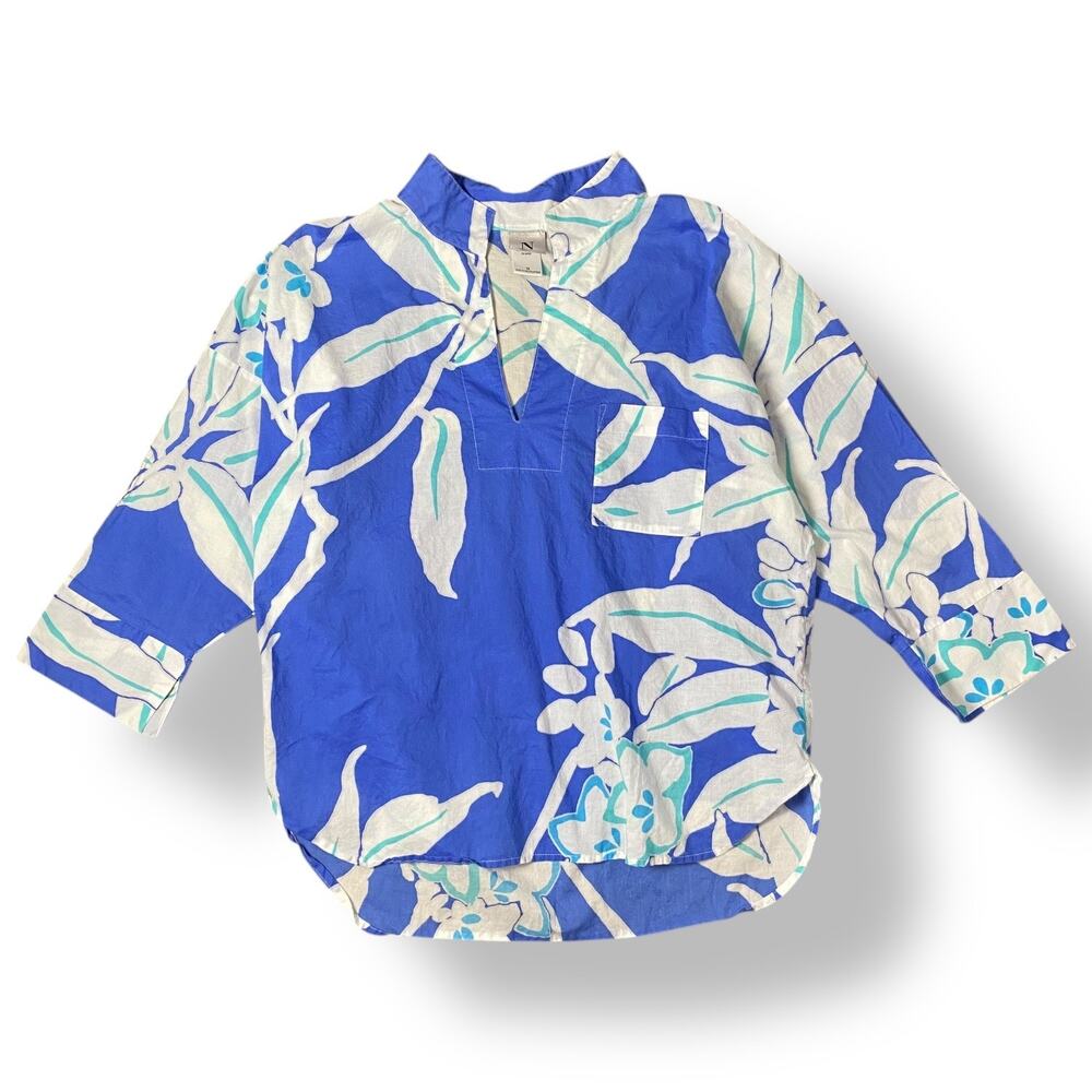 Natori Floral‎ 3/4 Sleeve Blouse Womens Size M Blue Boho Beachy